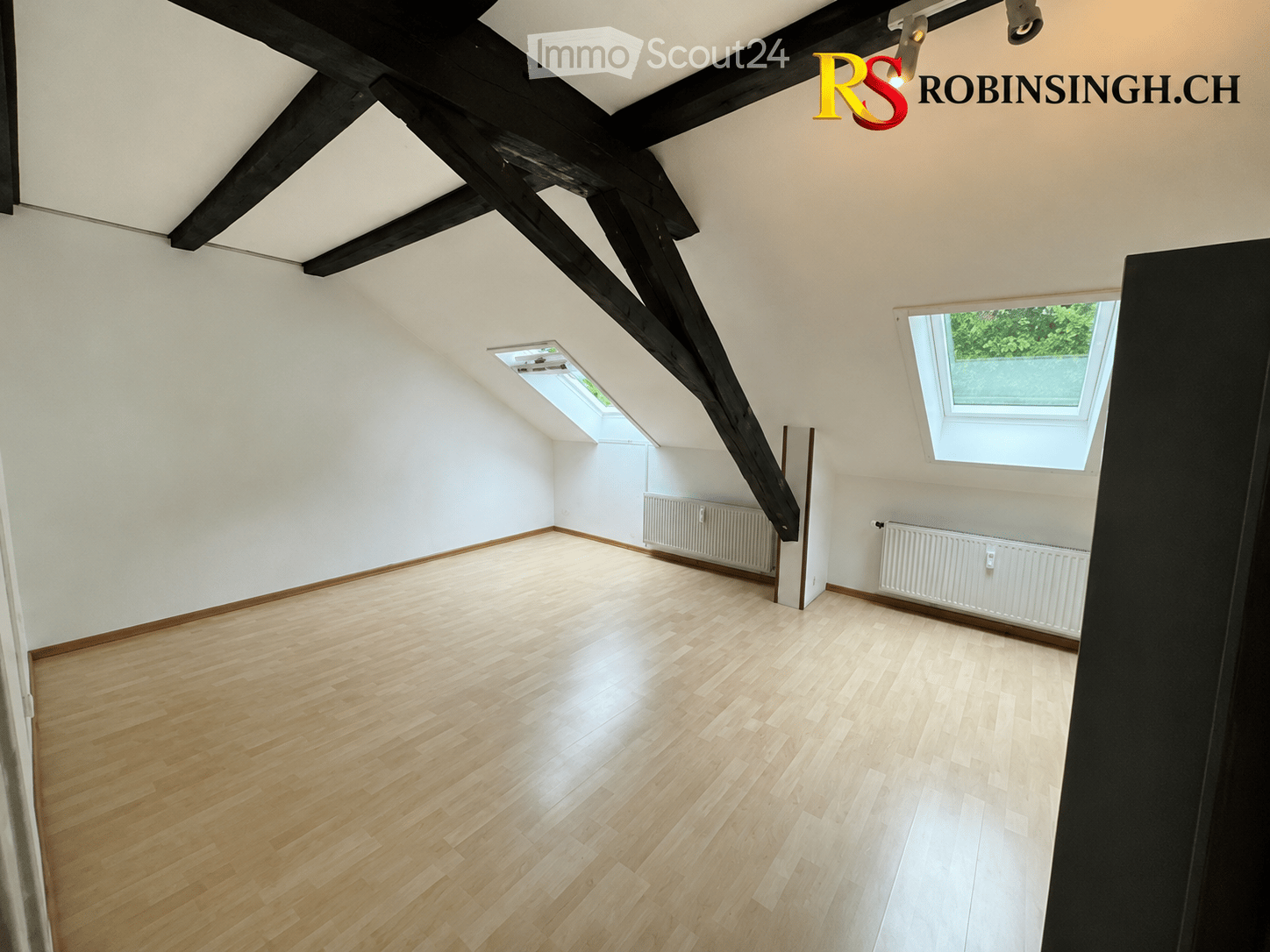 Empty attic room with wooden flooring, white walls, exposed wooden beams, and skylights providing natural light.
