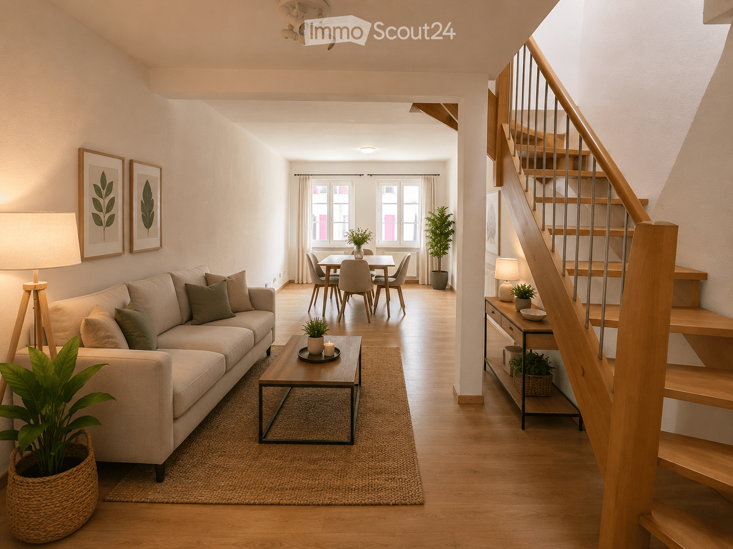 Bright living room with a beige sofa, coffee table, dining area, and staircase leading to another level. Features wooden flooring, modern decor, and potted plants.