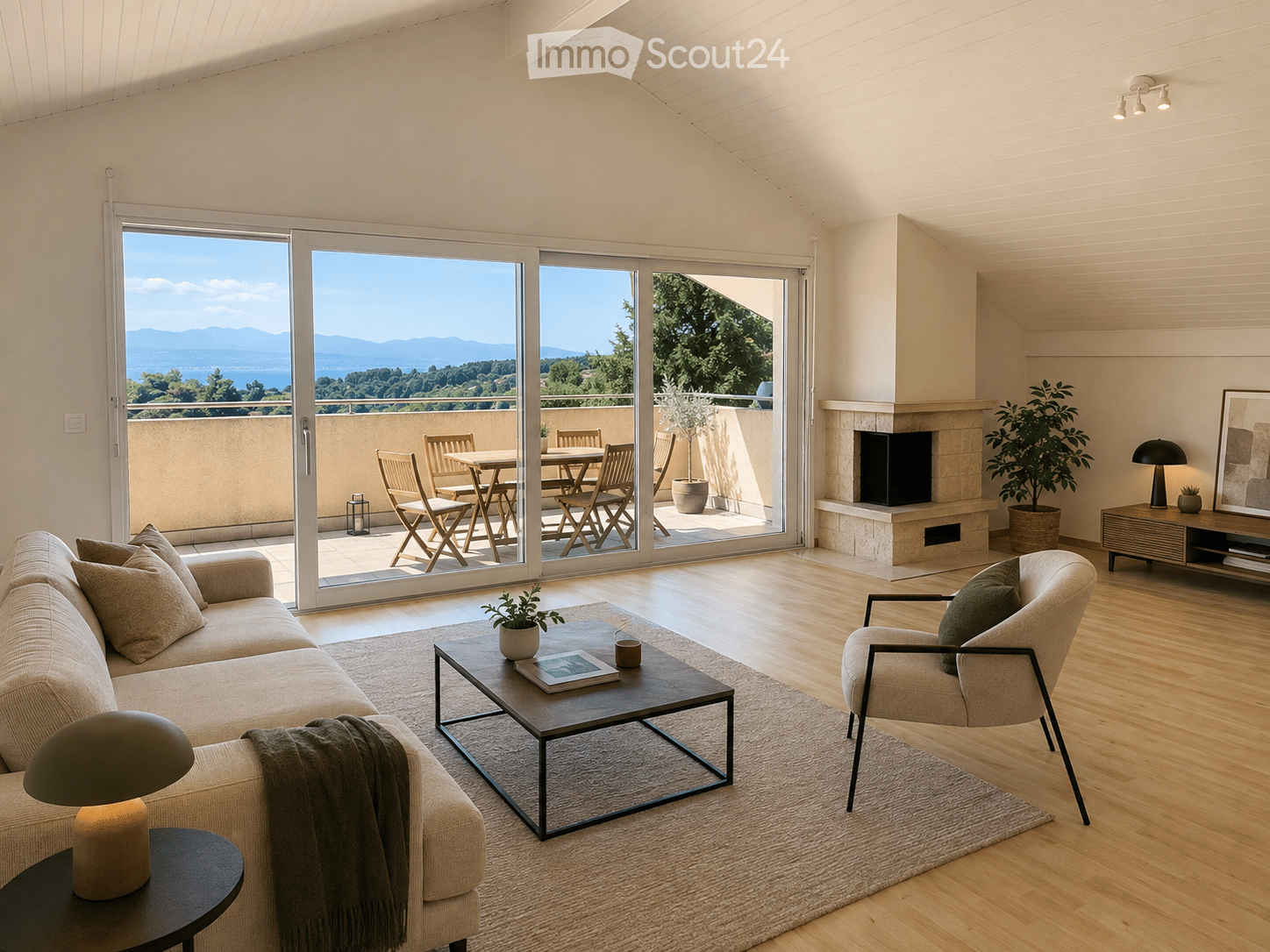 Modern living room with large windows offering a scenic view, a fireplace, a sofa, coffee table, armchair, and a balcony with outdoor furniture.
