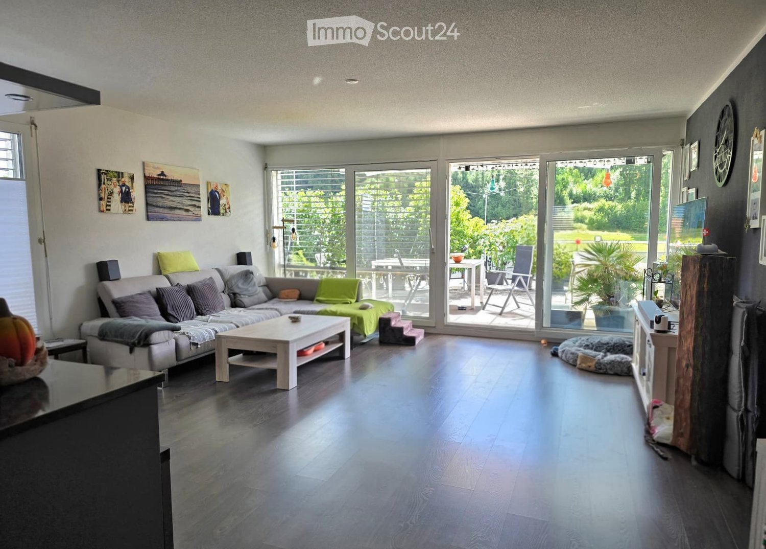 Modern living room with a grey sectional sofa, white coffee table, dog bed, and large windows leading to a patio area with outdoor furniture.