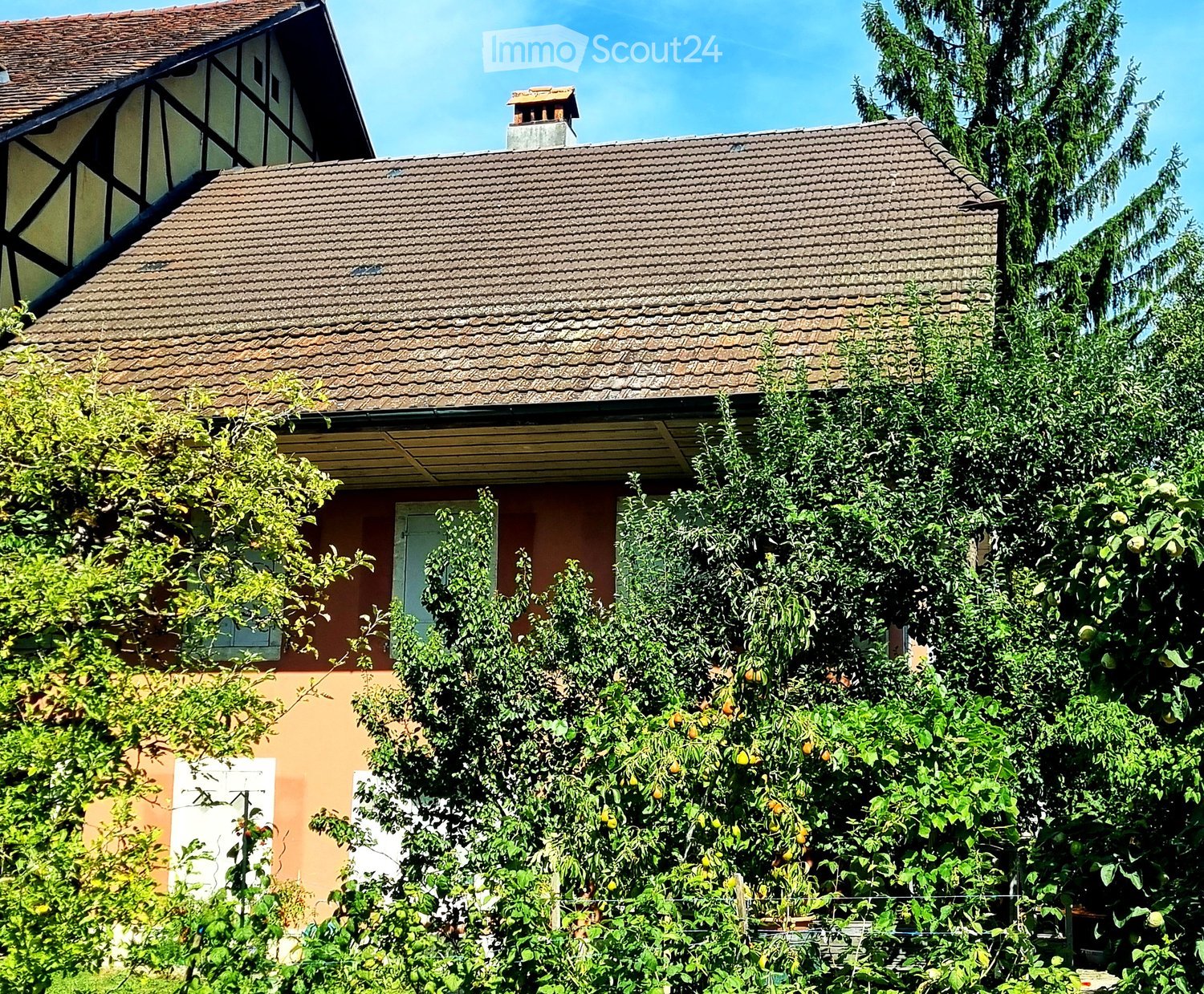 Two-story house with a tiled roof, visible chimney, and partially obscured facade due to surrounding greenery.