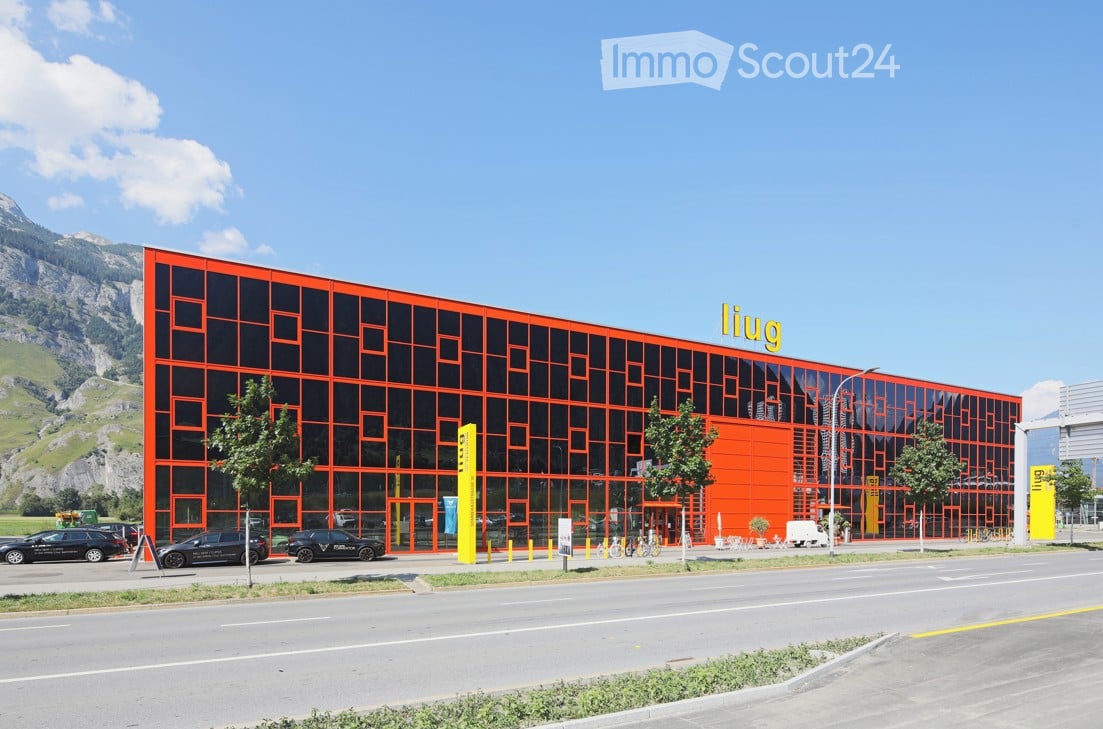 Modern building with a bright orange facade and large glass windows, featuring the sign "liug" on top. The building is surrounded by trees and parked cars, with a scenic mountain view in the background.