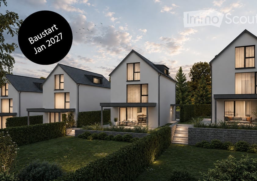 Modern residential complex with three houses, white facades, large windows, and well-maintained gardens.