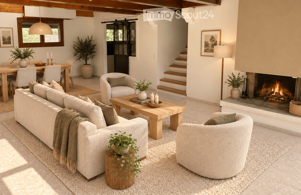 Modern living room with a fireplace, large windows, a sofa, coffee table, armchairs, dining area, and decorative elements.