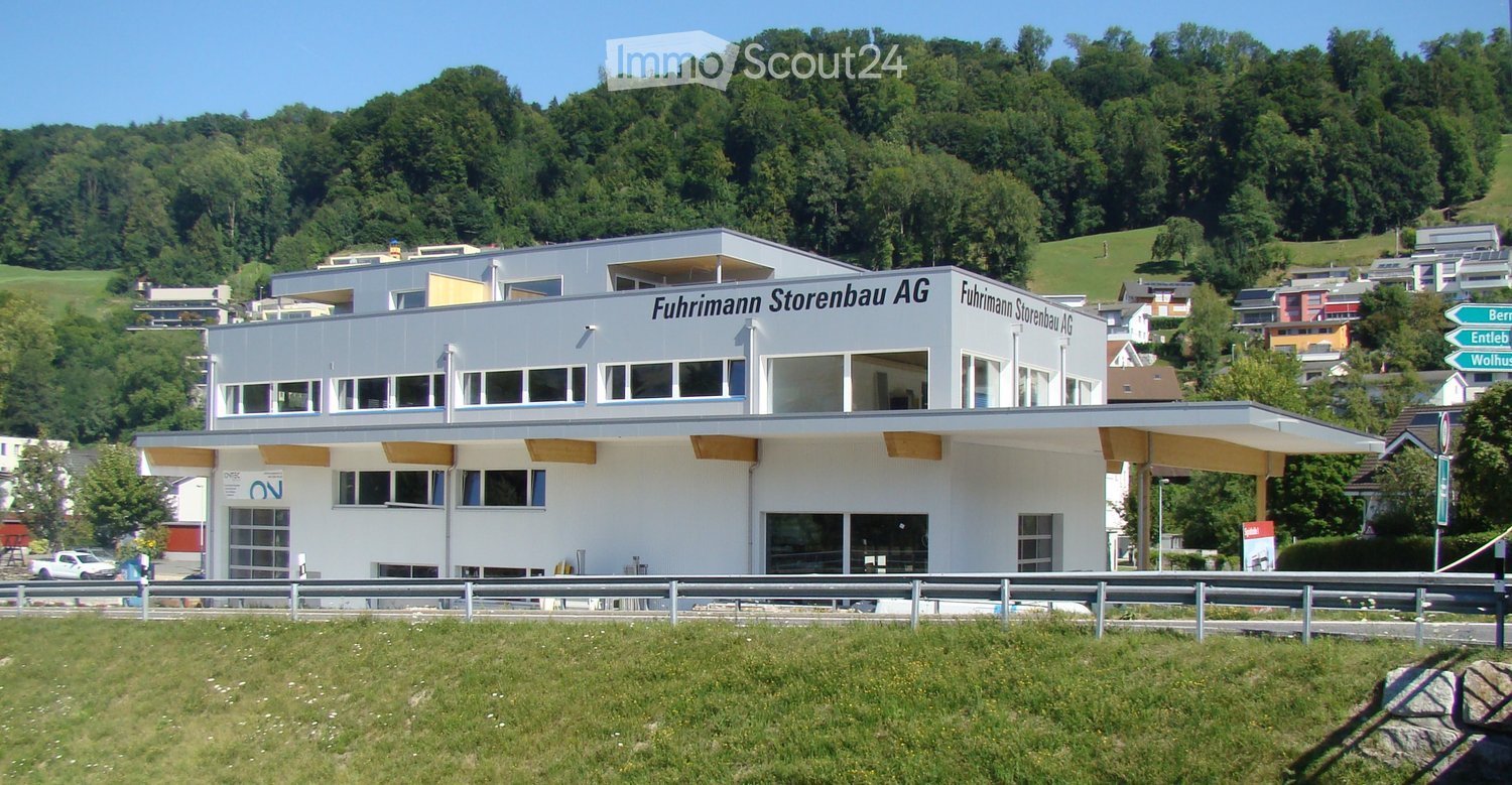 Modern commercial building with large windows and signage reading "Fuhrmann Storenbau AG" on the facade, surrounded by greenery and a road.