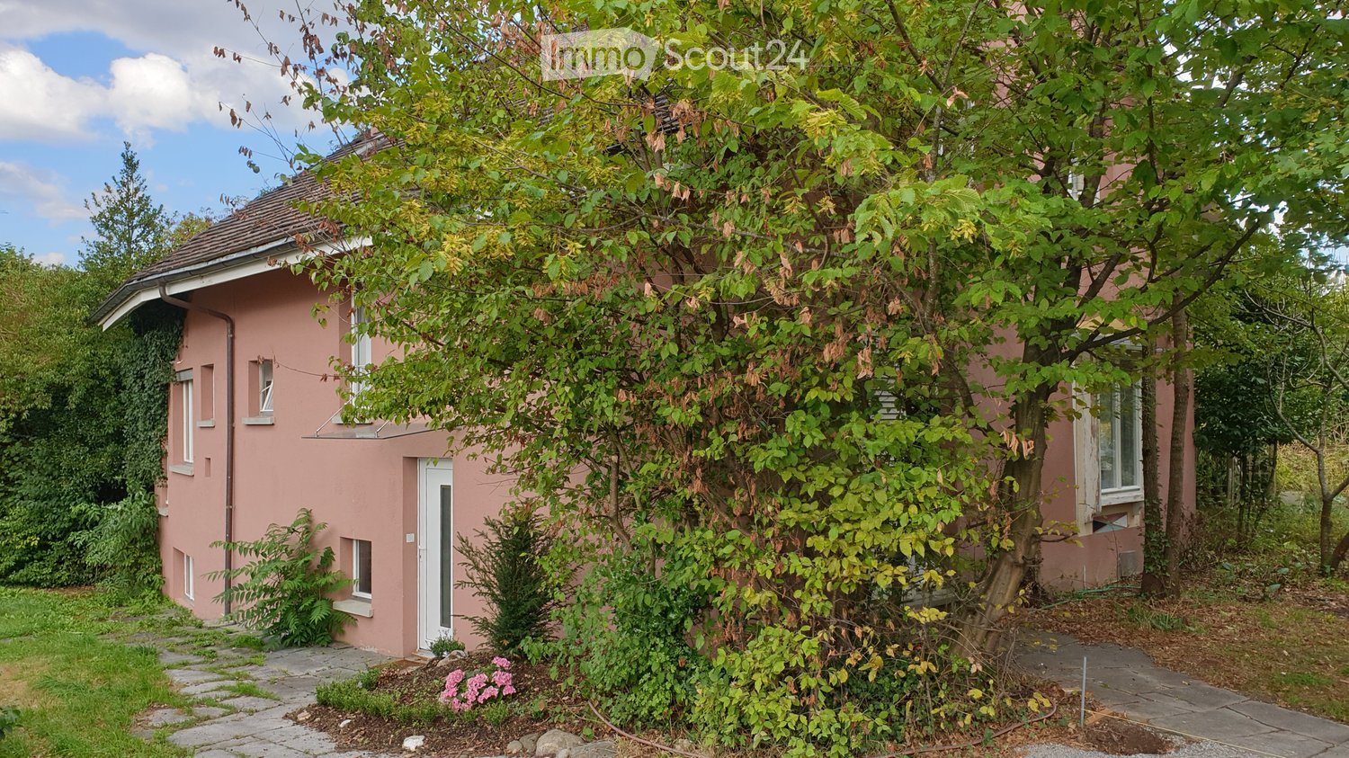 Pink single-story house with white-framed windows, surrounded by greenery and a stone pathway.