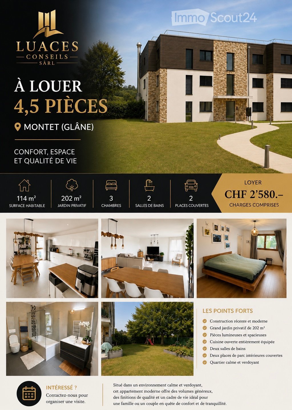 Modern4.5-room house with a private garden, featuring a spacious kitchen, living room, three bedrooms, and two bathrooms.