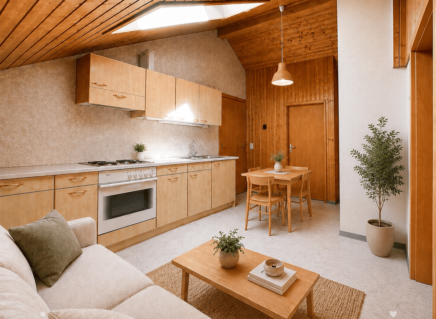 A modern, open-concept living and dining area with a kitchen. Features include a light-colored sofa, wooden coffee table, dining table with chairs, built-in kitchen cabinets, an oven, sink, and pendant light. Potted plants and books add a touch of decor.