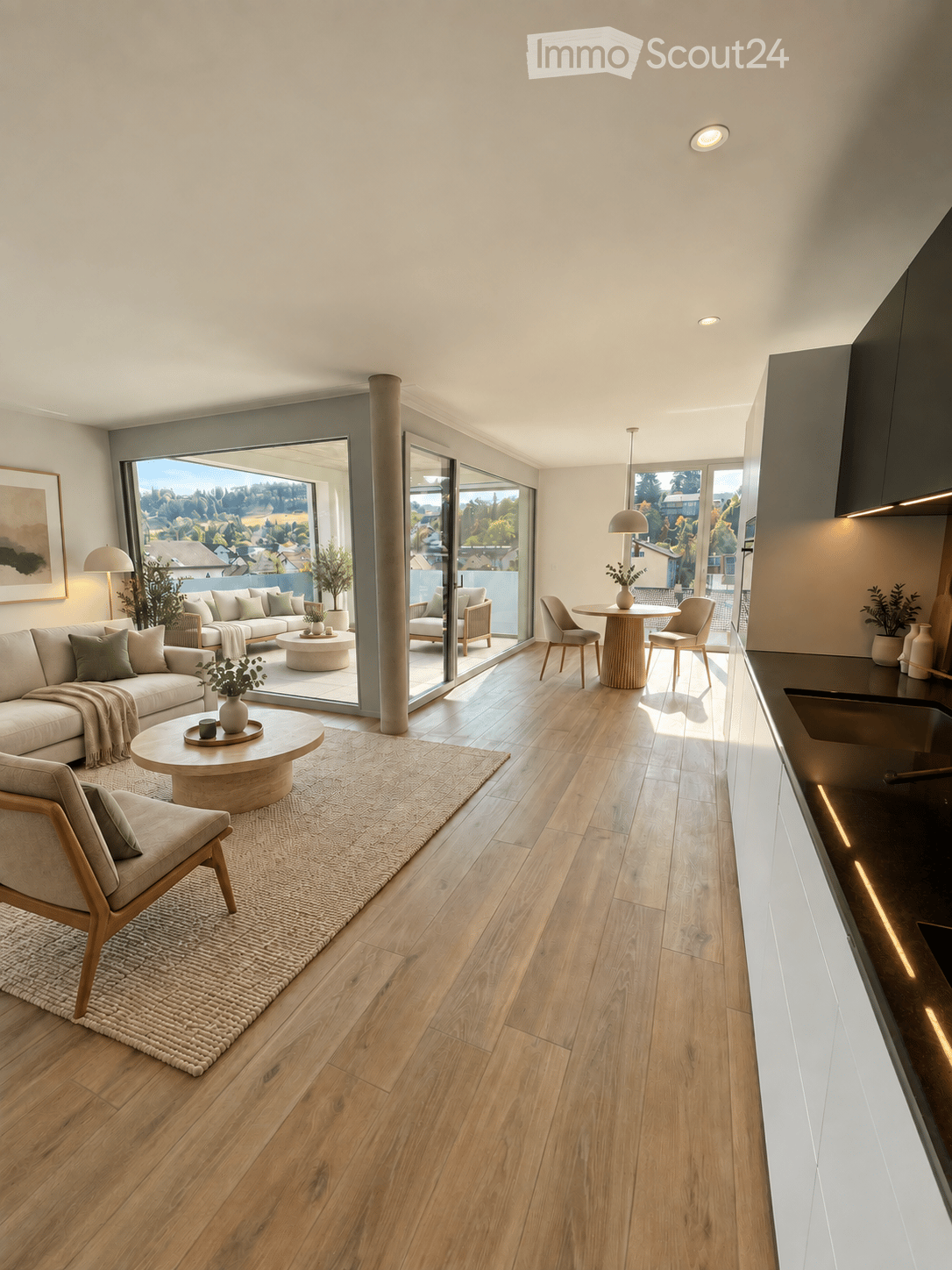 Modern living and dining area with wooden flooring, large windows offering a scenic view, a sofa, coffee table, dining table, and kitchen counter.