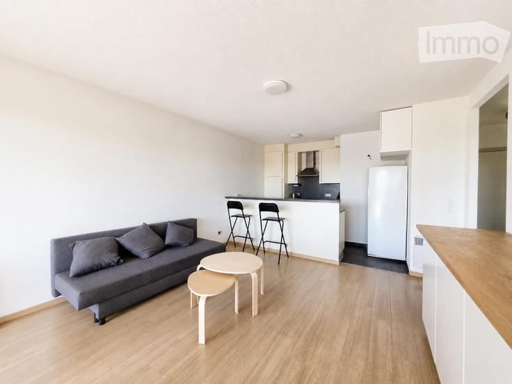 Modern, open-concept living and dining area with a grey sofa, coffee table, two stools, and two bar chairs near a kitchen counter. The space features light wooden flooring and white cabinetry.
