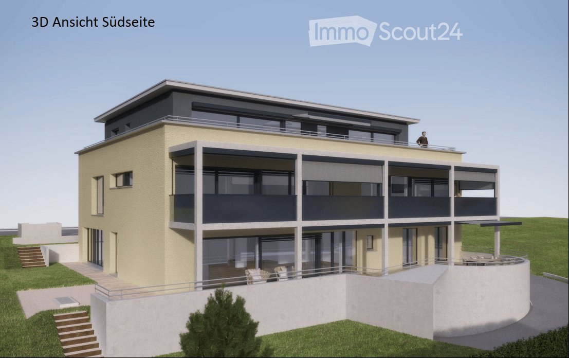 3D rendering of a modern two-story house with large windows, balconies, and a raised ground floor entrance.