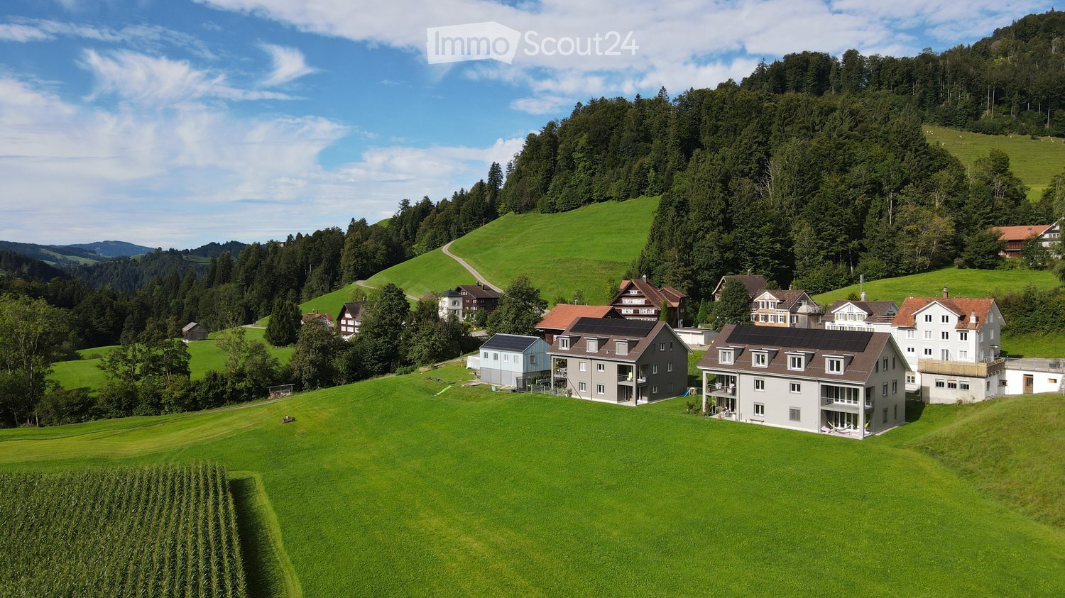 Aerial view of a rural village with multiple houses, surrounded by green hills and trees.