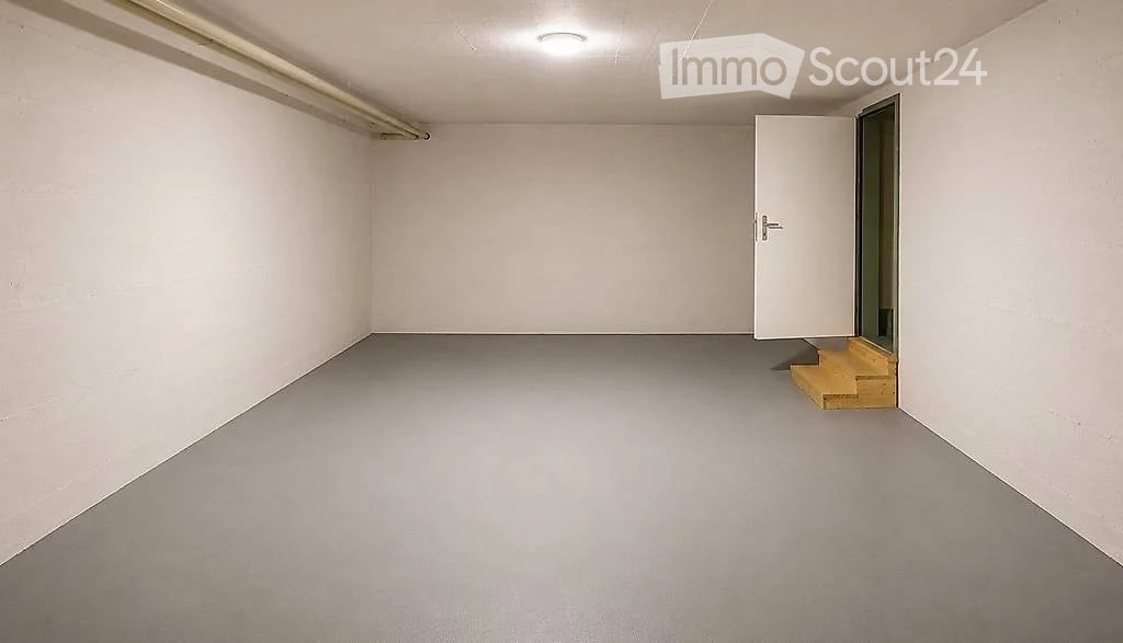 Empty room with white walls, grey floor, a closed door, and a small wooden step leading to another area.