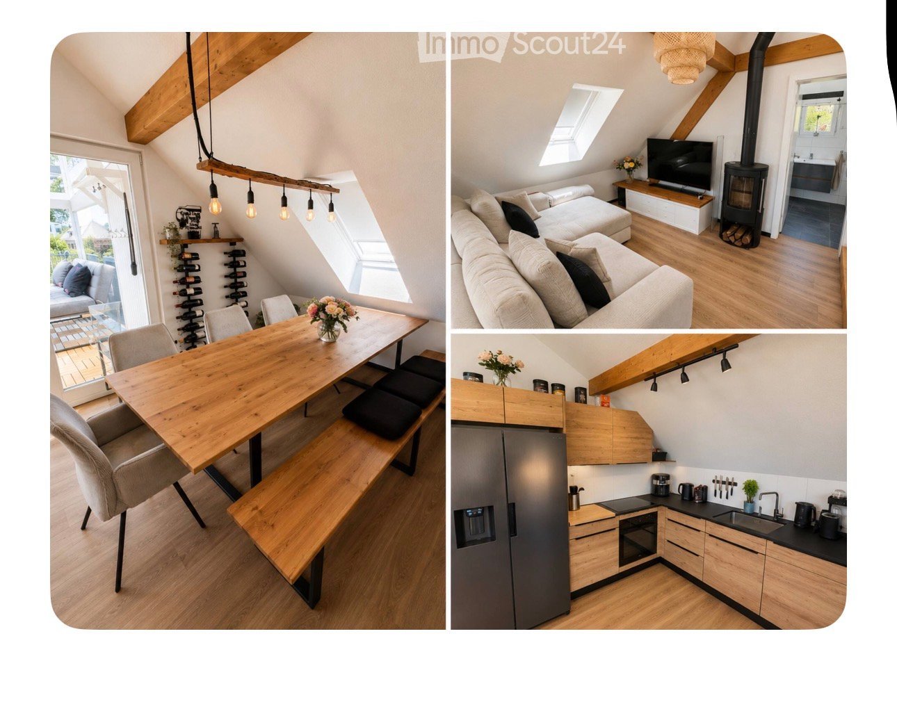 The images show a modern, well-furnished house with a dining area, living room, and kitchen. The dining area features a long wooden table with chairs and a wine rack. The living room has a large white sectional sofa, a TV, and a wood-burning stove. The ki