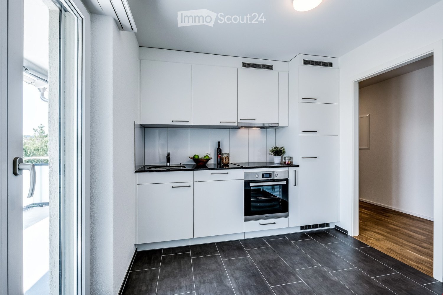 Modern kitchen with white cabinets, stainless steel appliances, dark tiled floor, and a small plant on the counter.