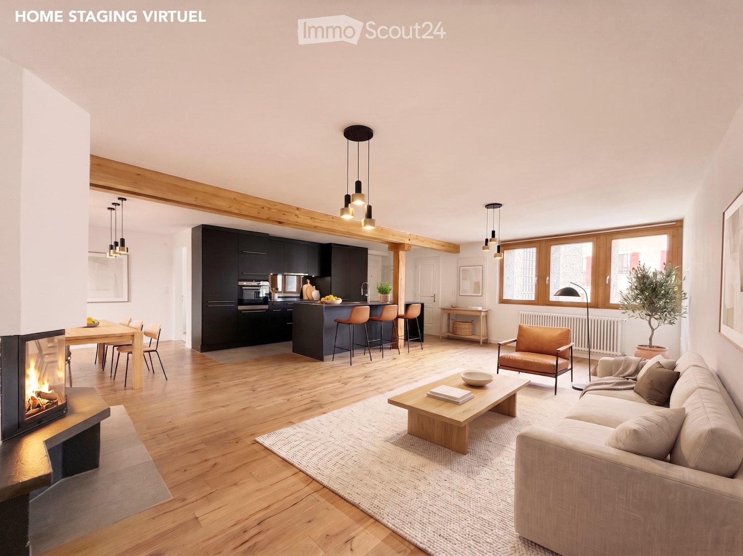 Open-plan living and dining area with a fireplace, sofa, coffee table, dining table, and kitchen island with bar stools.