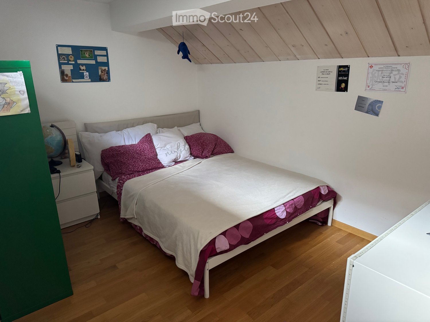 Cozy bedroom with a single bed, nightstand, globe, and various wall decorations including certificates and artwork.