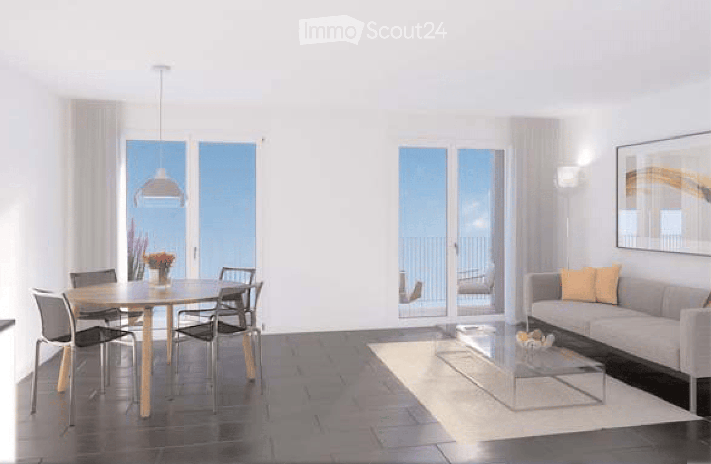 Modern living and dining area with large windows, a sofa, coffee table, dining table, and chairs.