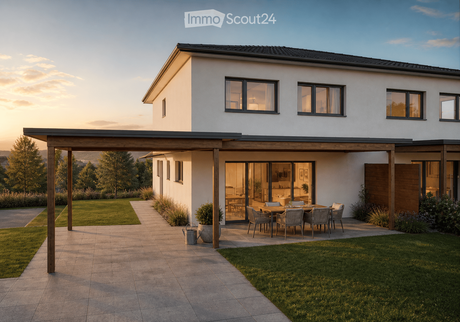 Modern two-story house with white exterior, large windows, covered patio with outdoor dining set, well-maintained lawn, and garden area.