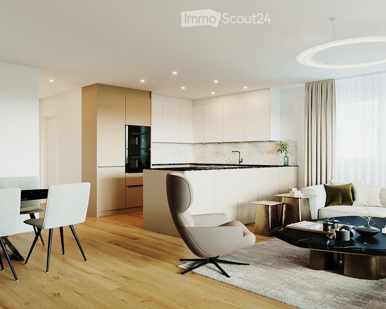 Modern kitchen with integrated appliances, living room with couch, armchair and center table, round table and chairs, marble floors