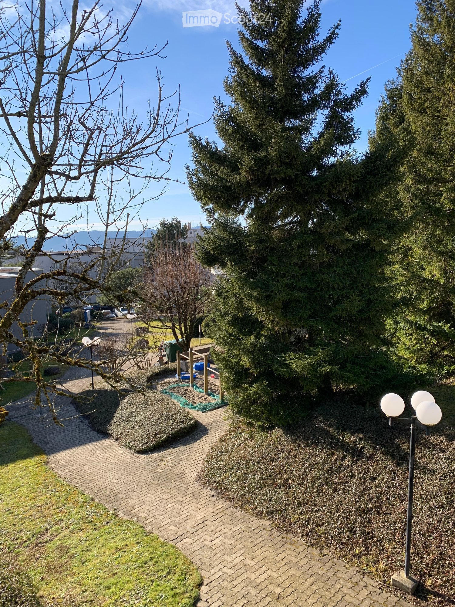 Garden area with a paved pathway, trees, shrubs, and outdoor lighting.