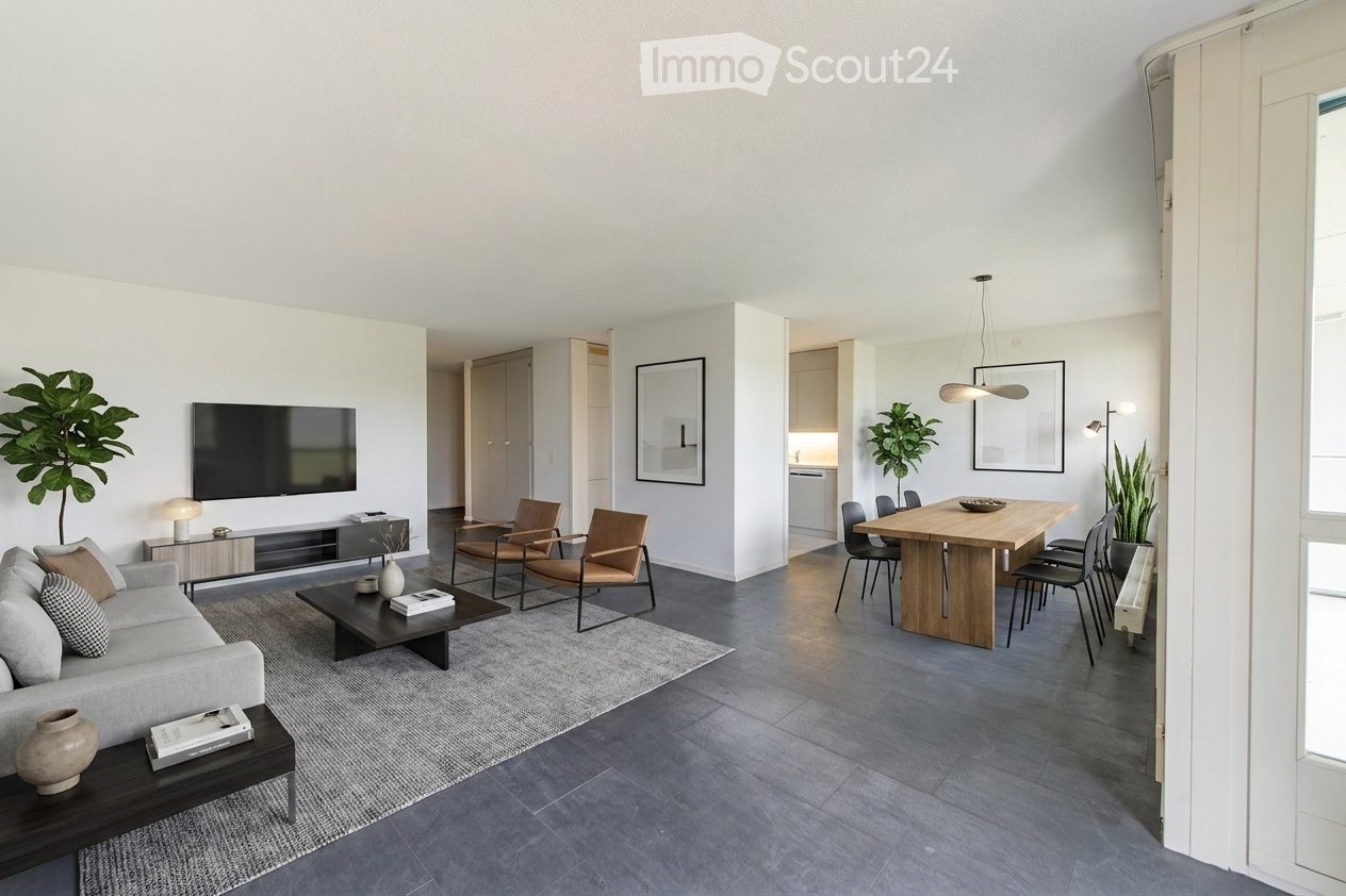 Modern living and dining area with grey sofa, coffee table, dining table, chairs, and decorative items.