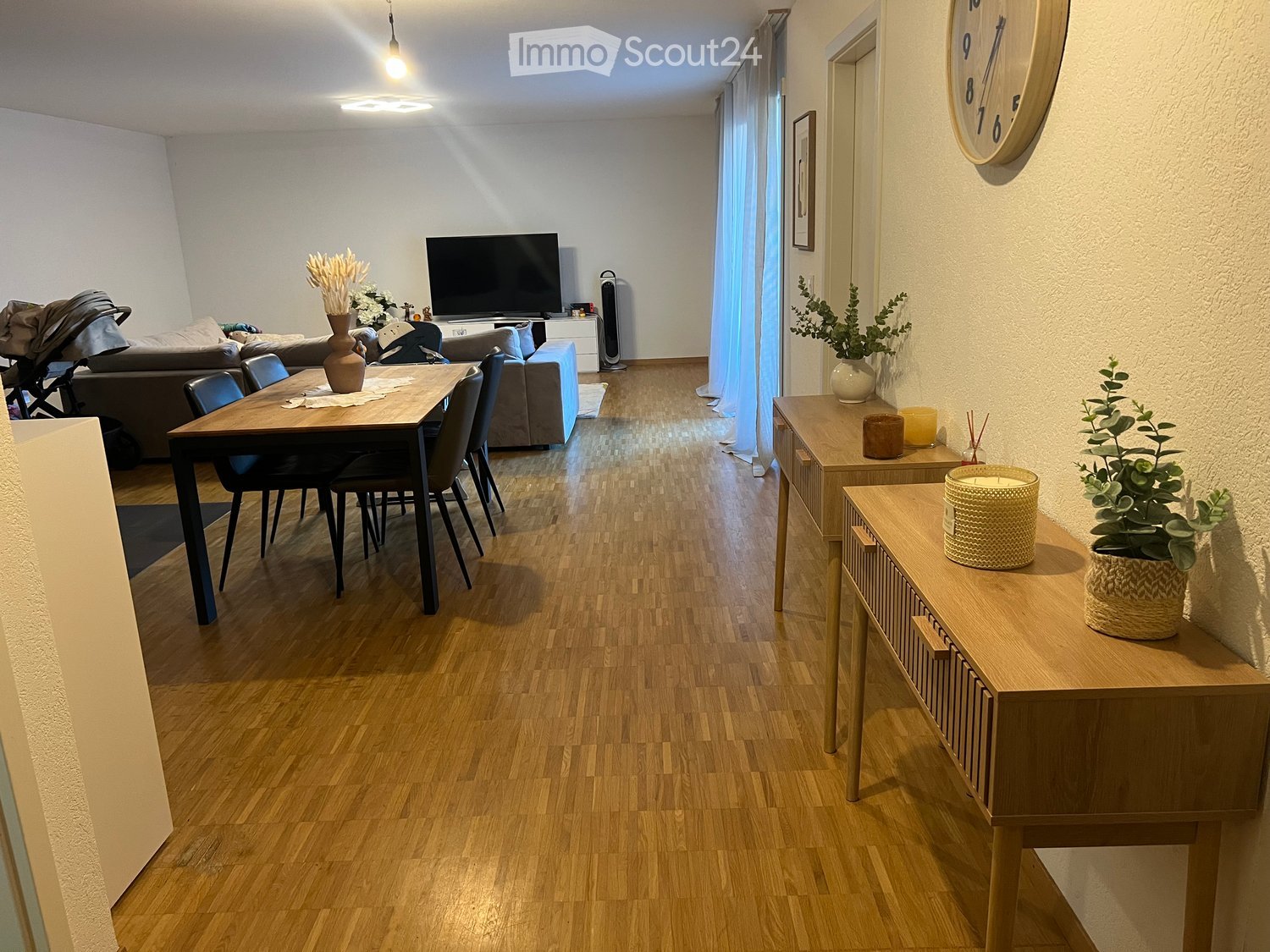 Open-plan living and dining area with wooden flooring, a sofa, dining table with chairs, television, side tables, decorative vases, and plants.