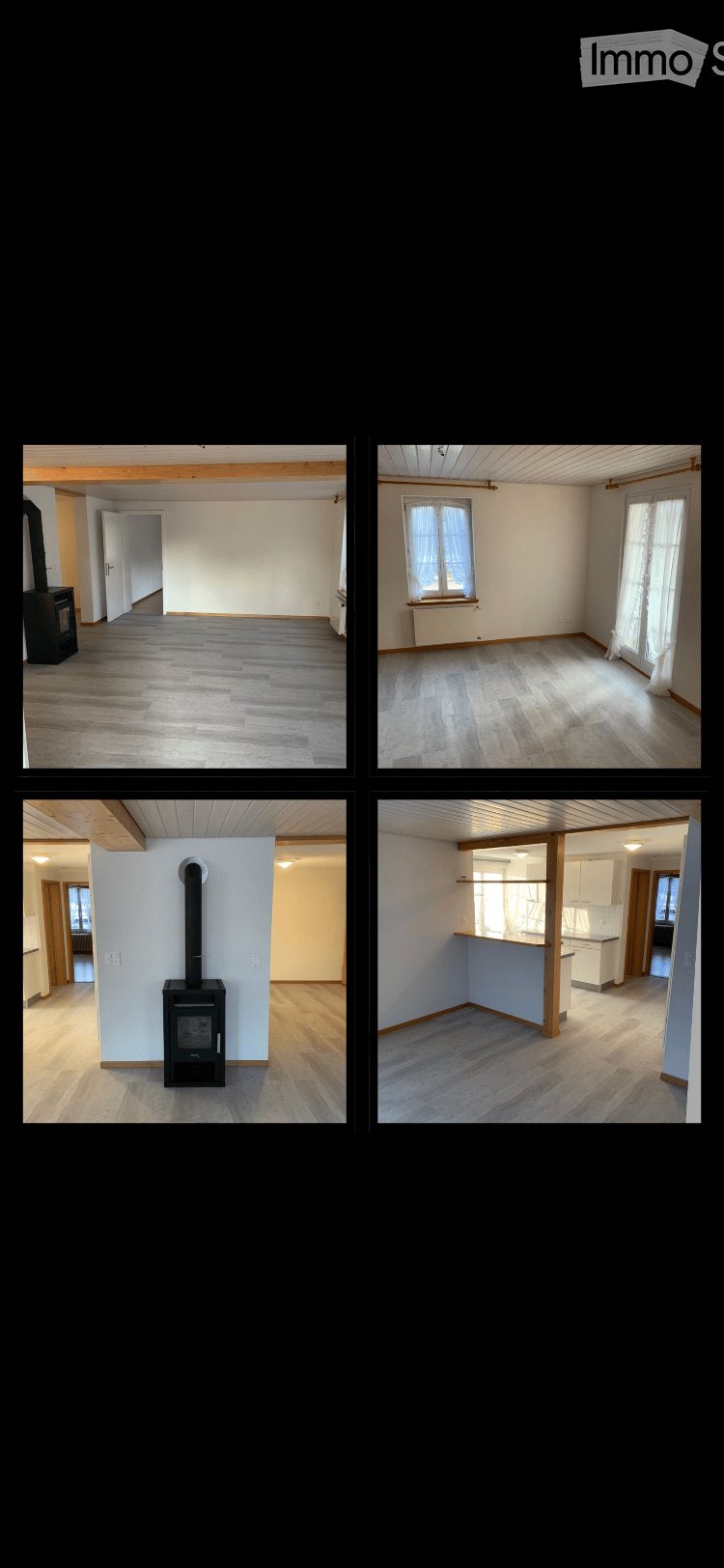 Four images showing unfurnished rooms with wooden flooring, white walls, and minimal furnishings. The rooms include a living space, a bedroom, a kitchen area, and a hallway.