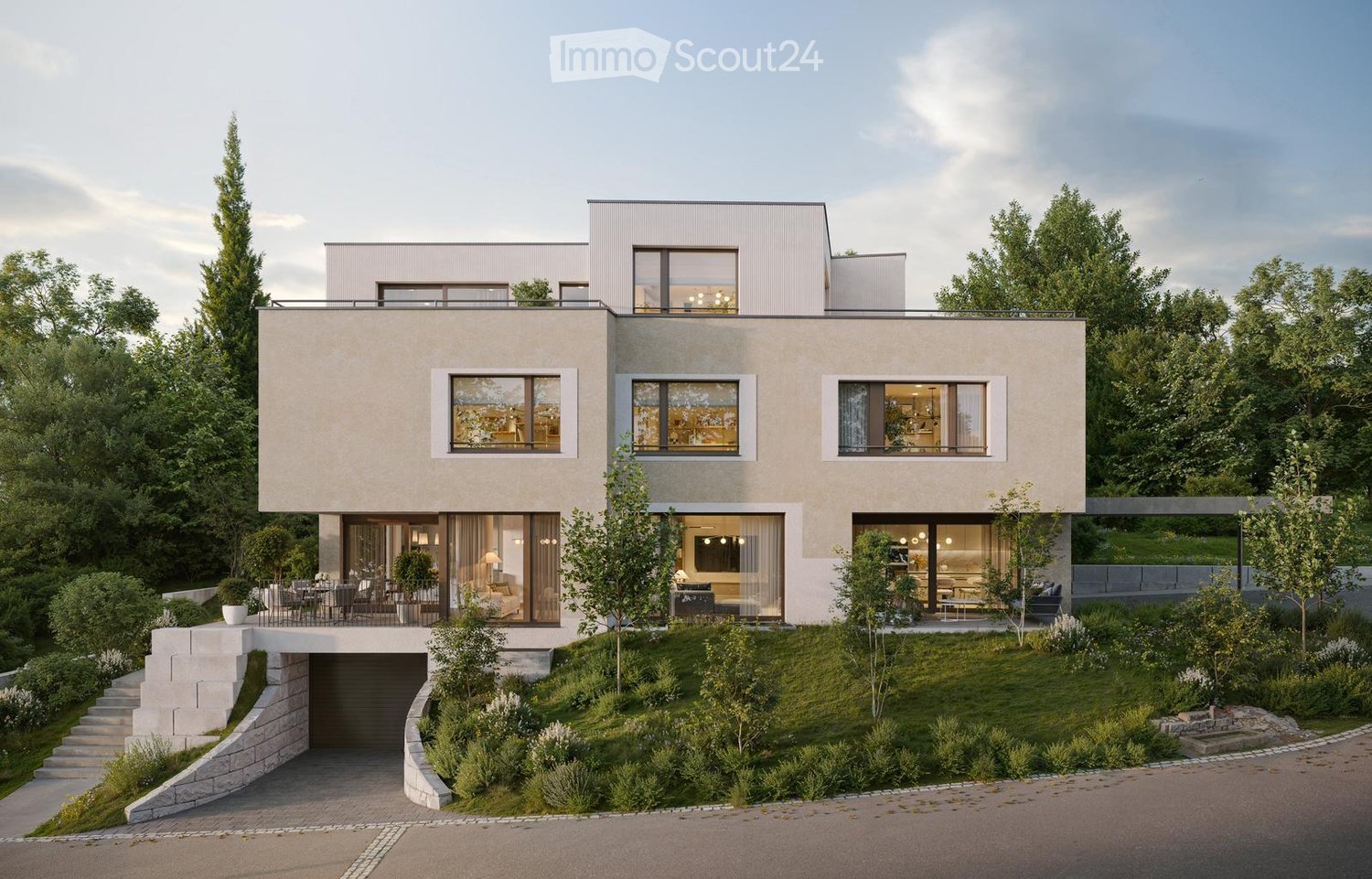 Modern two-story house, white exterior, large windows, open terraces, underground garage, elevated driveway, landscaped gardens, green surroundings