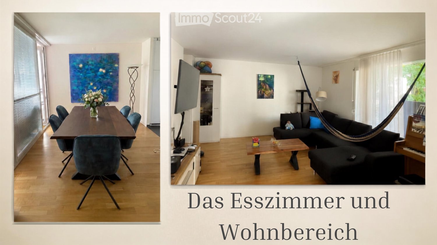 The image shows a modern, well-furnished living and dining area. The left side features a dining table with chairs and a vase of flowers, while the right side displays a living room with a sofa, coffee table, piano, hammock, and a TV screen. The space is