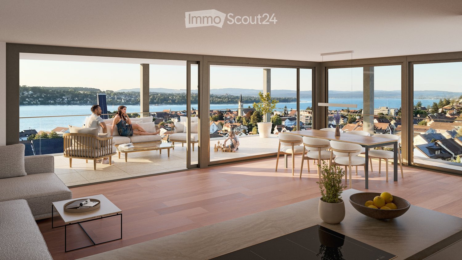 Modern living room with large windows offering a scenic view, featuring a sofa, coffee table, dining area with chairs and table, and decorative plants.