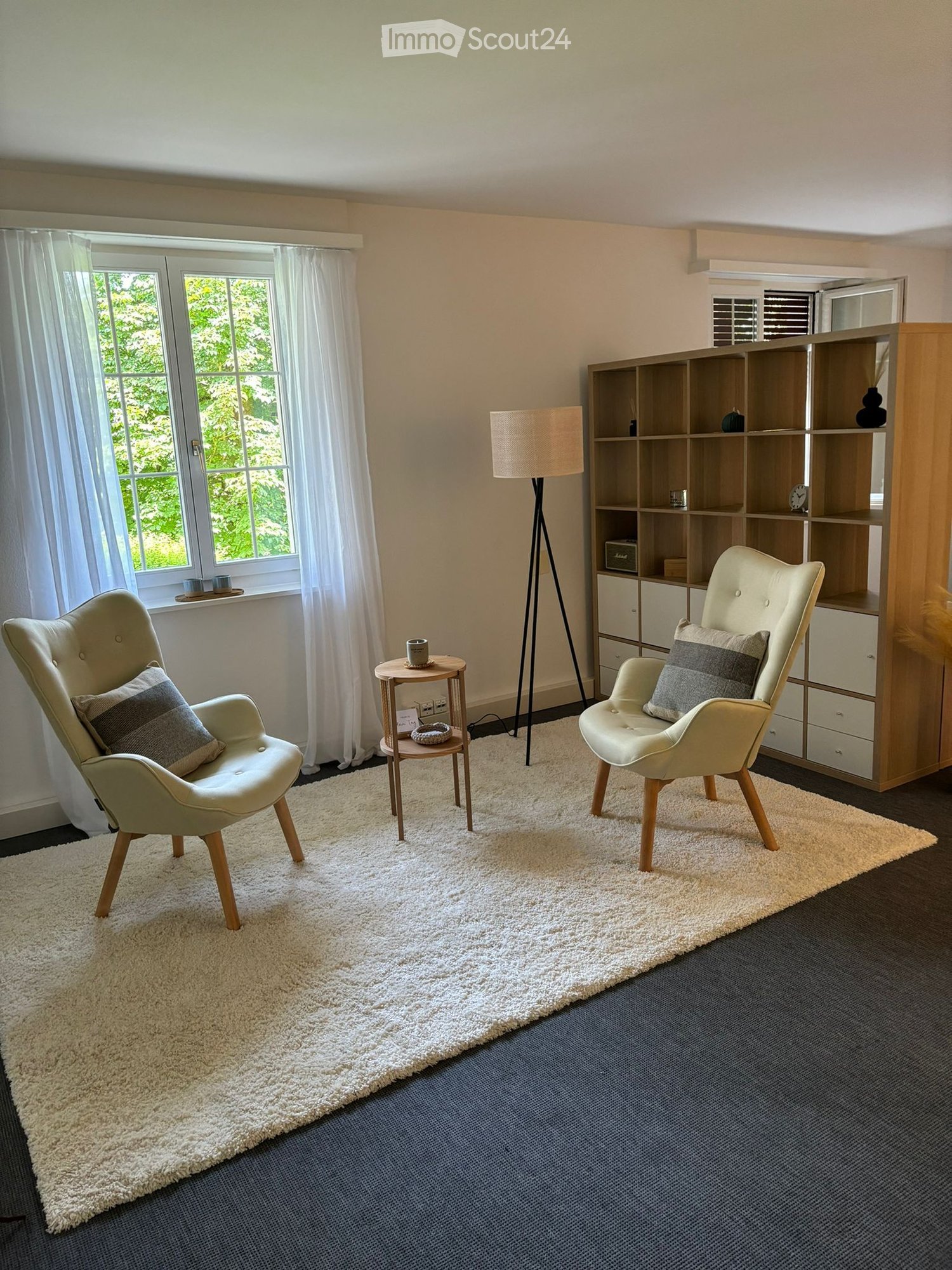 Modern living room with two light-colored armchairs, a small wooden side table, a large bookshelf, and a floor lamp. The room features a plush white rug on a dark carpeted floor and large windows with white curtains.