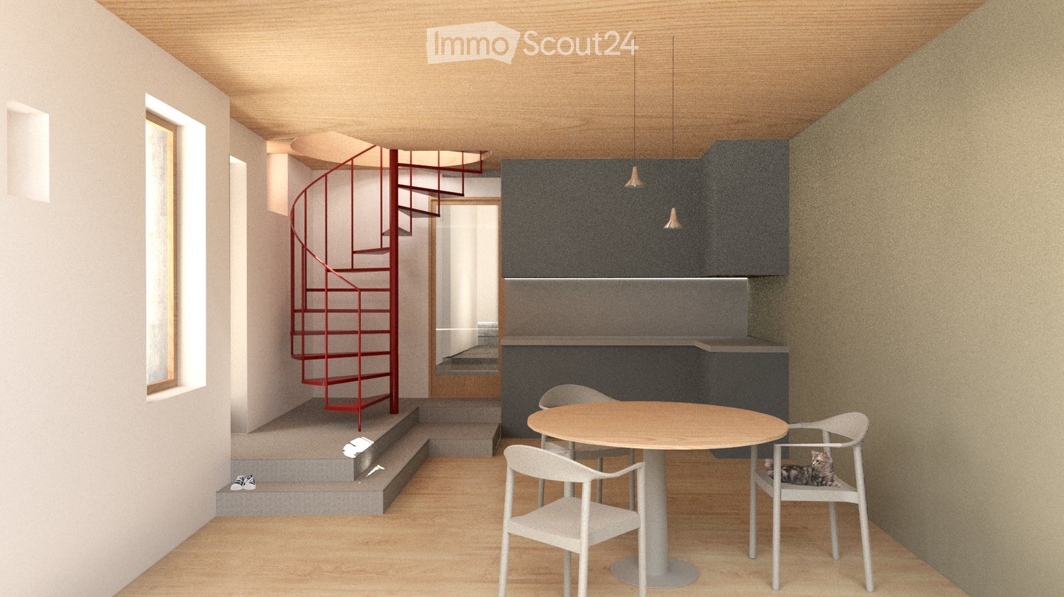 A modern, minimalist room with a round wooden table, white chairs, a small kitchen area with dark cabinets, and a red spiral staircase leading to an upper level.