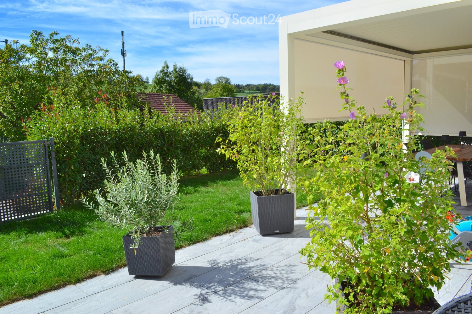 Well-maintained garden with potted plants, a neatly trimmed lawn, and a modern outdoor seating area with a table and chairs.