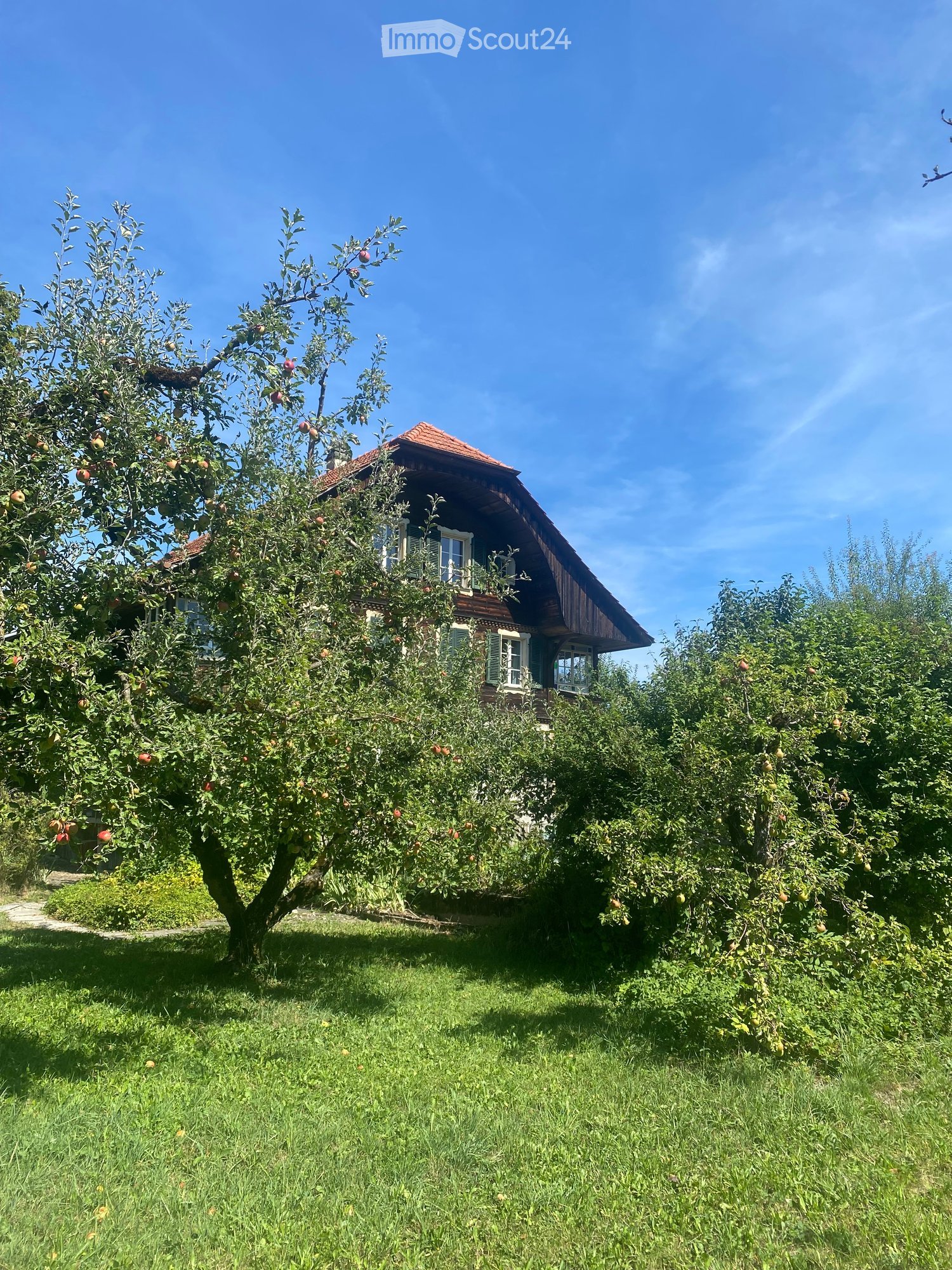 A traditional wooden house with a red-tiled roof is partially obscured by fruit trees bearing apples and pears, set in a lush green garden under a clear blue sky.