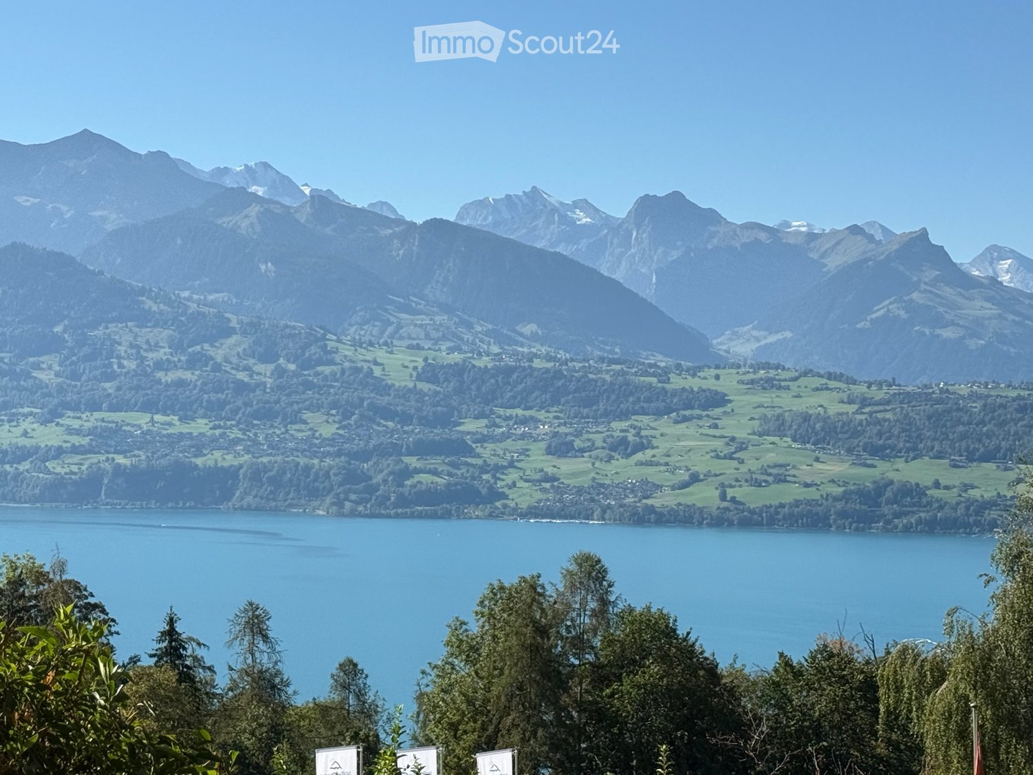 Panoramic view of a lake surrounded by green fields and mountains under a clear blue sky.
