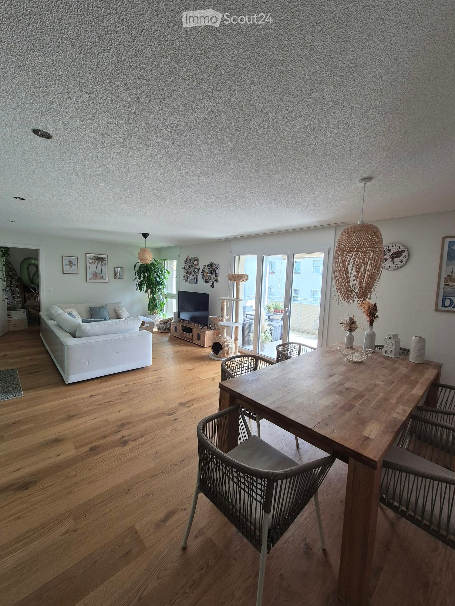 Bright living and dining area with wooden flooring, white sofa, dining table with chairs, cat furniture, and large windows leading to a balcony.