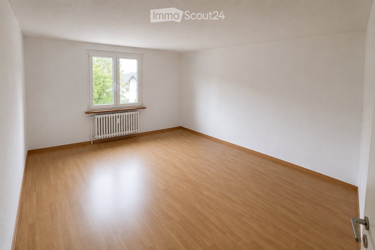 Empty room with light wooden flooring, white walls, a window with white frames, and a radiator below the window.