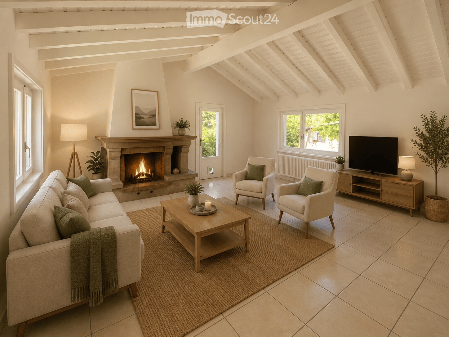 Bright living room with a fireplace, beige sofa, coffee table, armchairs, TV, and lamps.