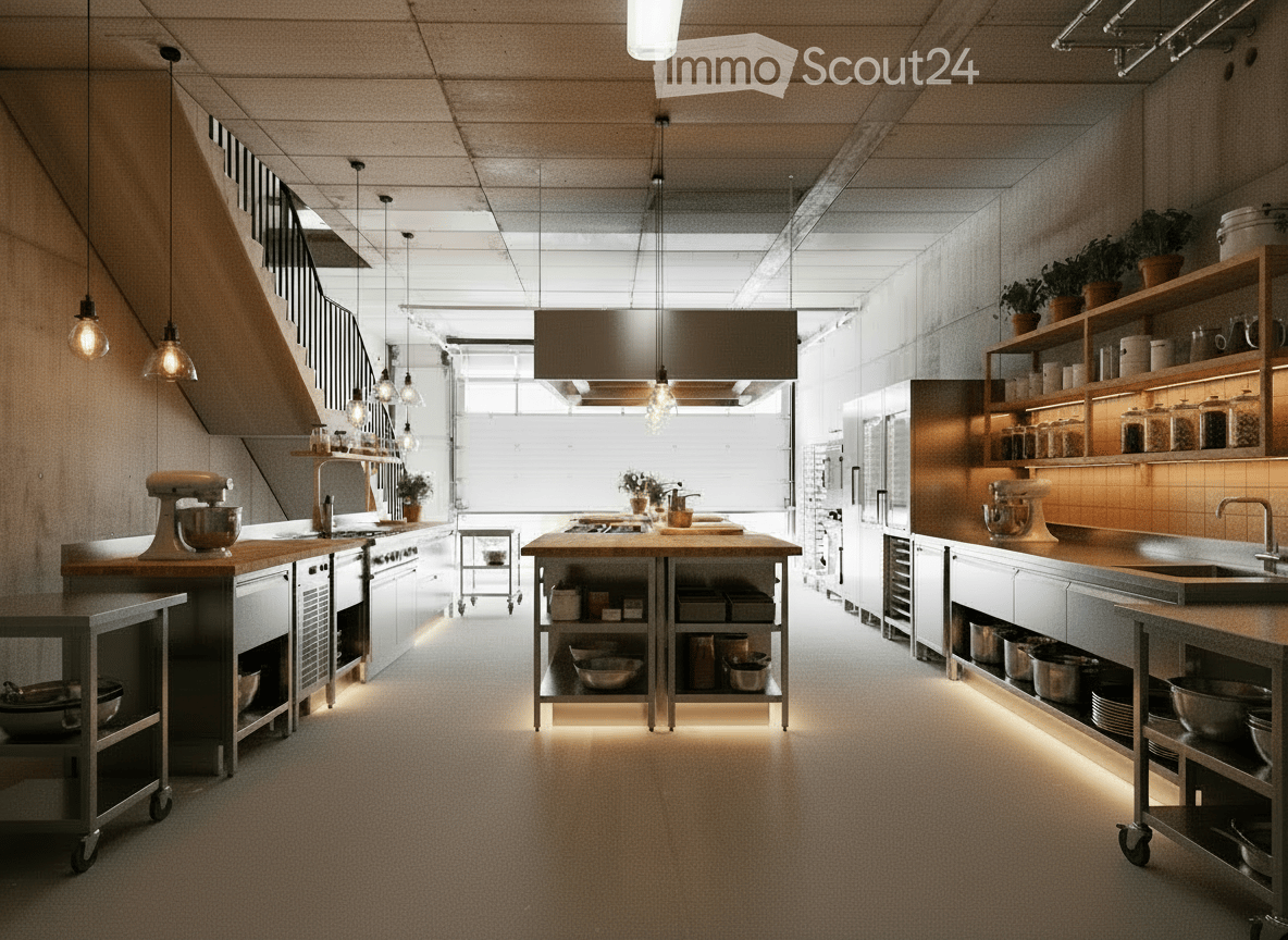 Modern kitchen with stainless steel appliances, wooden island, pendant lights, shelves with jars and potted plants, and a spacious layout.