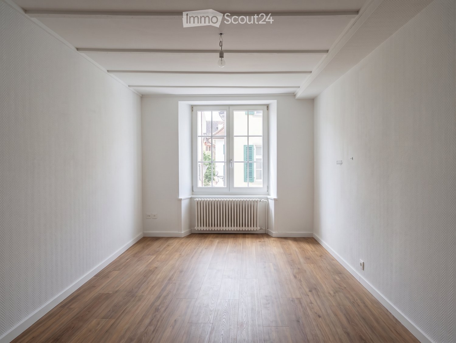 Empty room with wooden flooring, white walls, a window with double doors, and a radiator below the window.