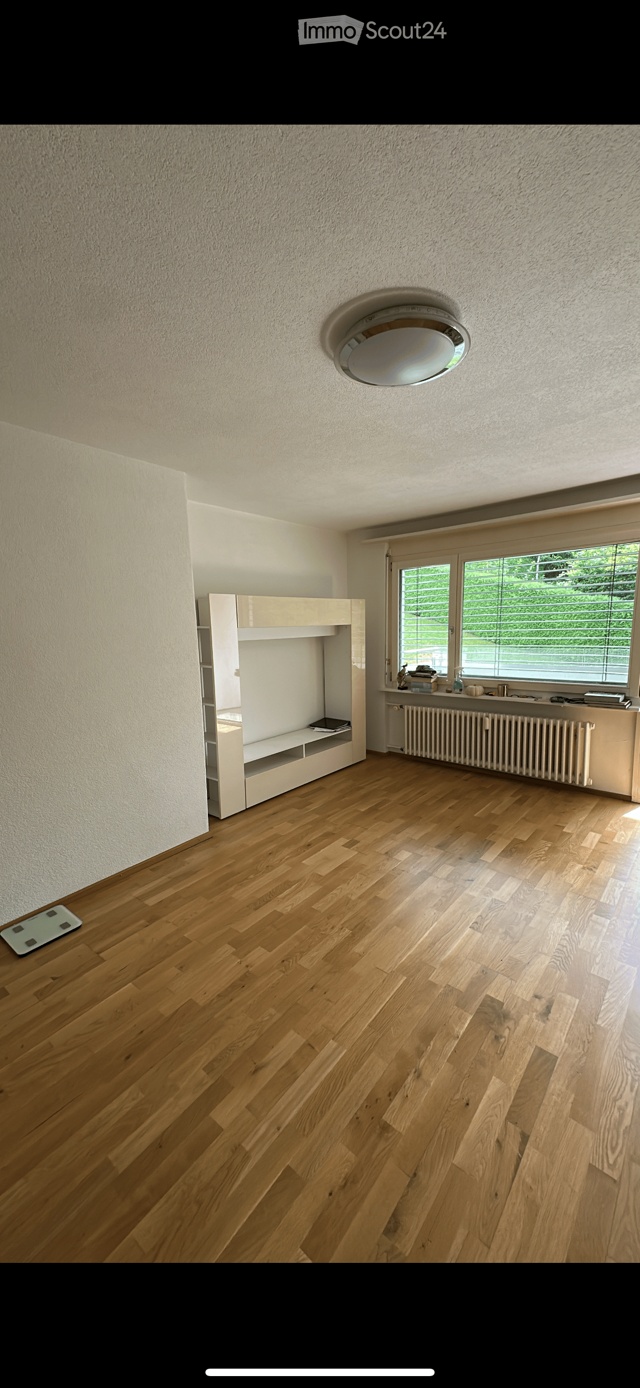 Empty room with wooden flooring, white walls, a built-in shelf unit, a window with blinds, and a radiator below the window. A round ceiling light fixture is visible.