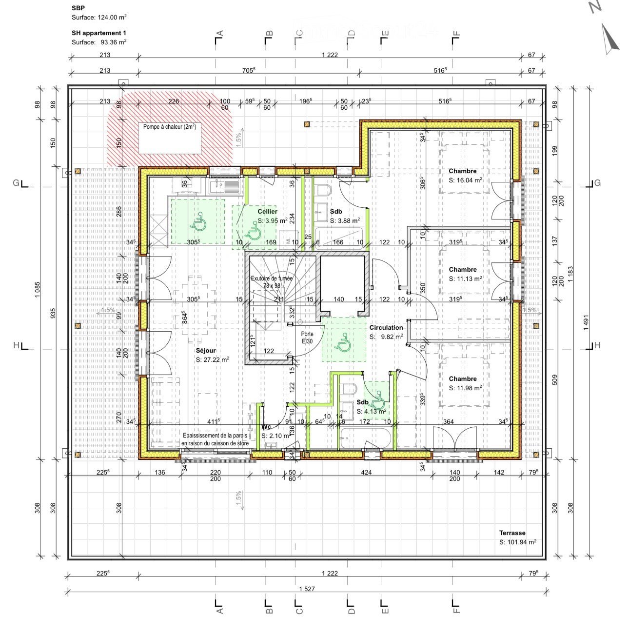 Floor plan of an apartment with labeled rooms including living area, bedrooms, bathrooms, storage, and terrace. Dimensions and measurements are provided for each space.