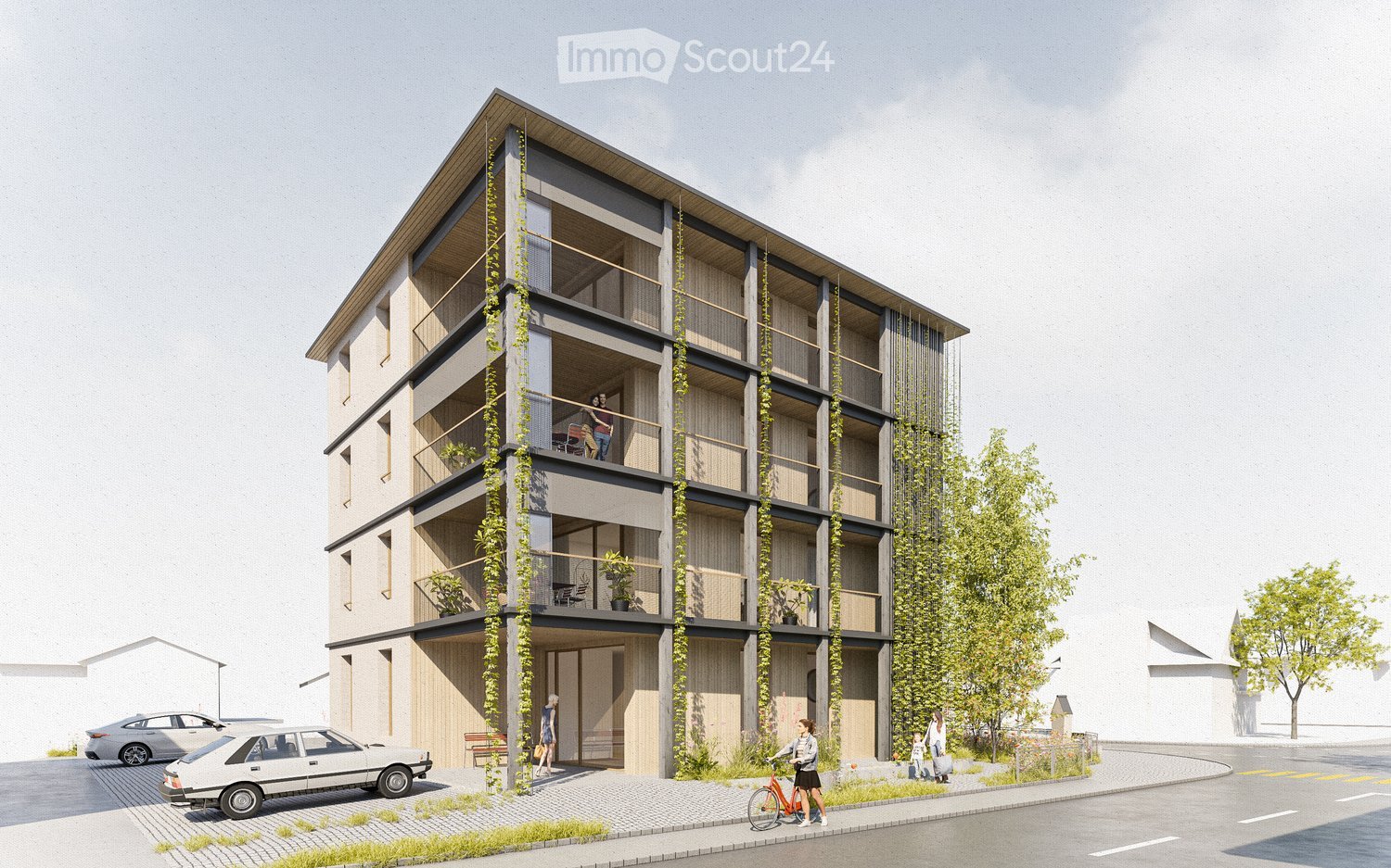 Modern multi-story building with balconies, greenery, and a contemporary design. The structure features a combination of wood and concrete, with large windows and a sloped roof. There are several balconies adorned with plants and furniture, and a few peop
