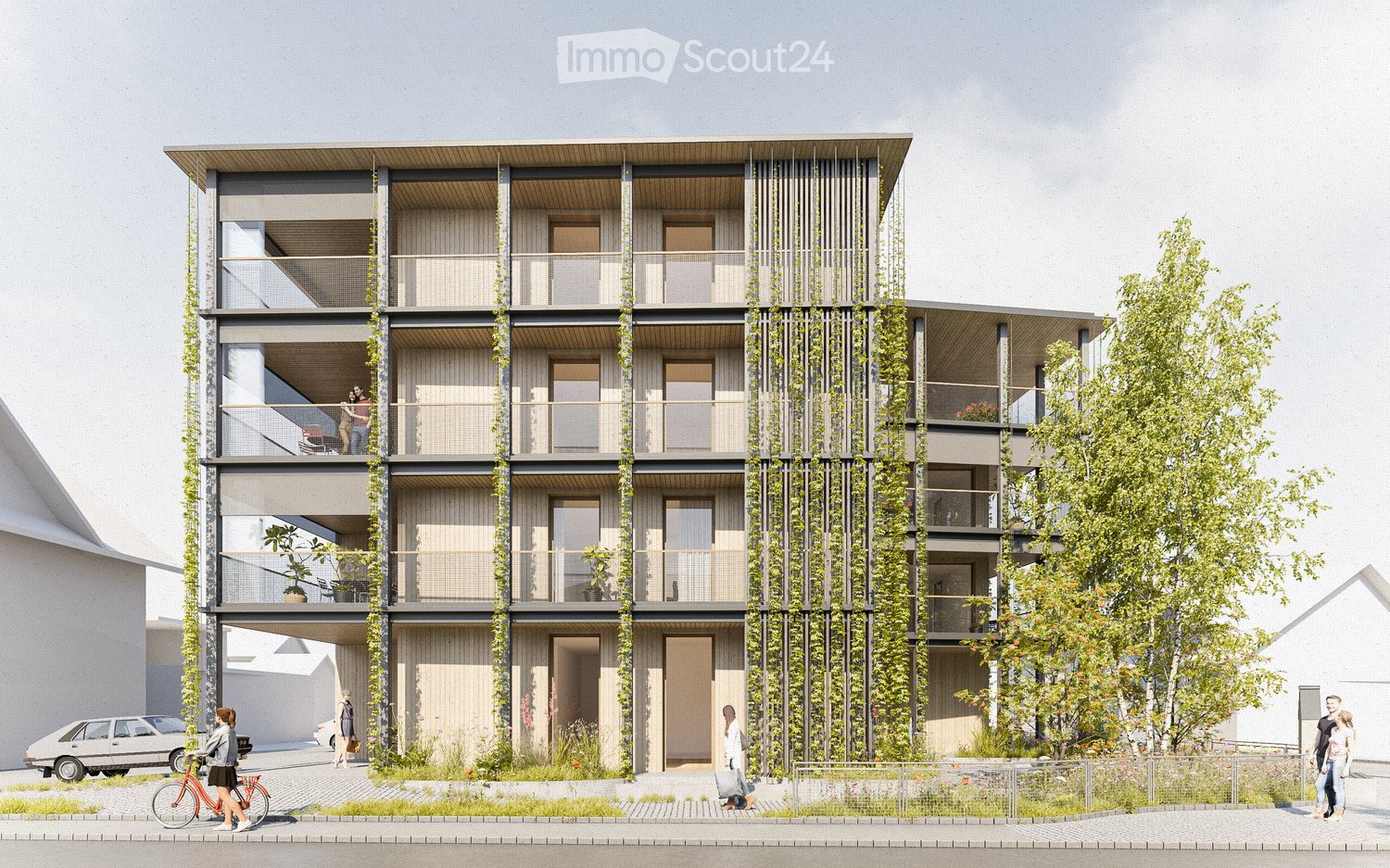 Modern multi-story residential building with balconies, greenery, and contemporary design. People are seen walking and cycling around the building.