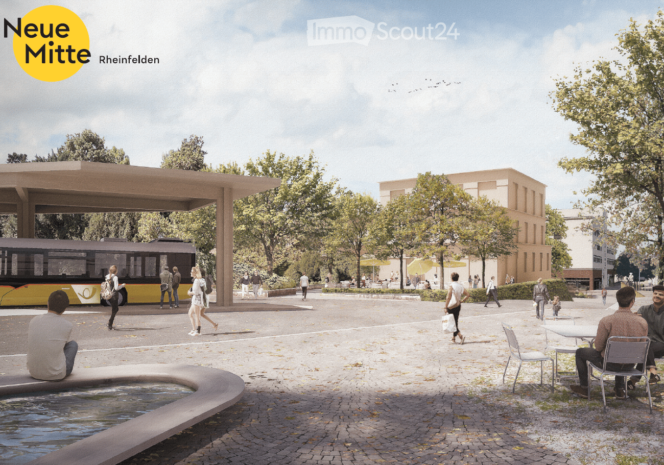 Public outdoor area with modern architecture, seating, a bus stop, and people walking. Features include a water feature, trees, and a covered bus stop.