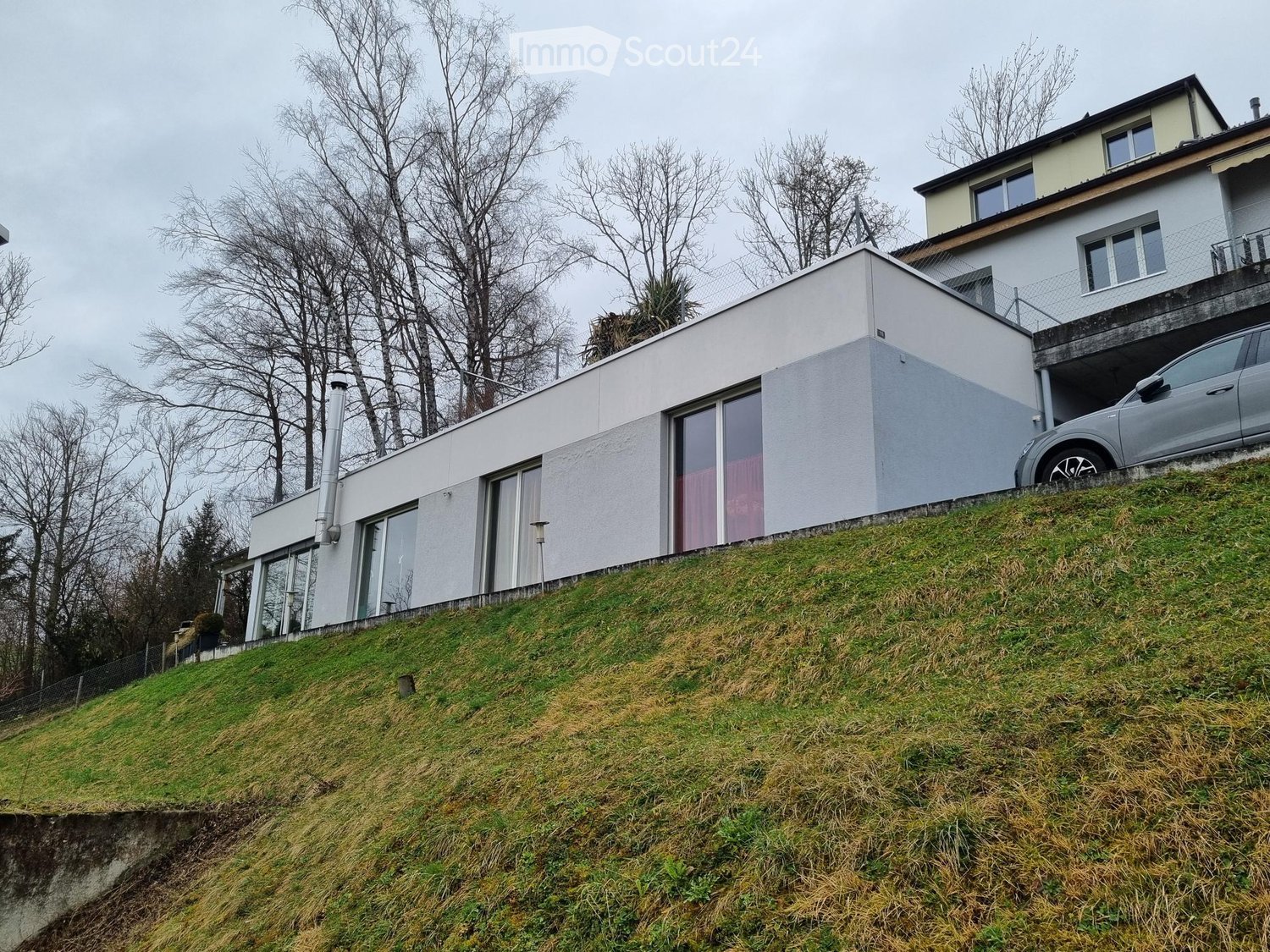 Modern two-story house with a raised ground floor, large windows, and a garage. The house is situated on a grassy slope with trees in the background.