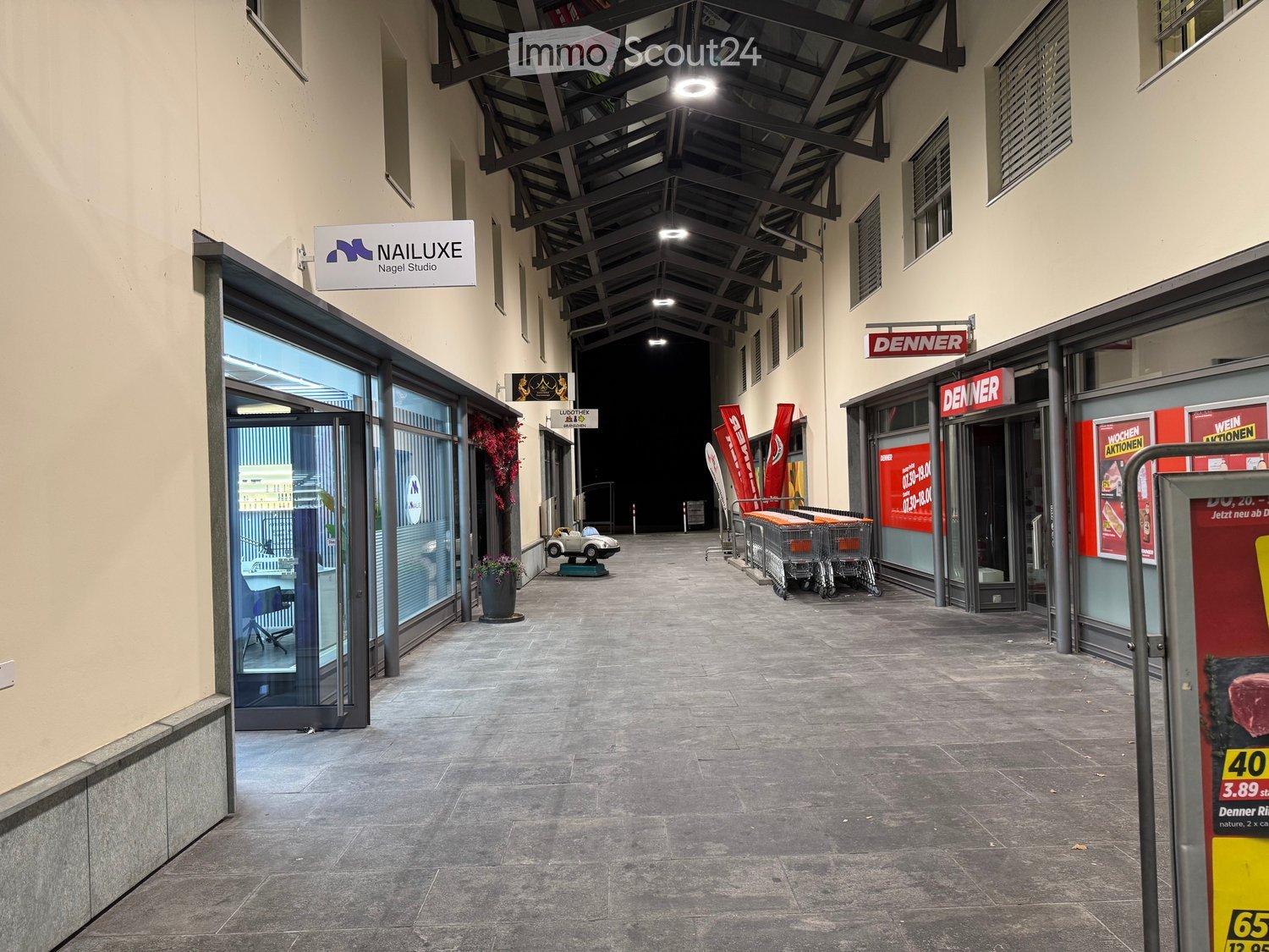 A modern indoor corridor with glass storefronts, shopping carts, and signage for stores like "NAILUXE" and "DENNER".