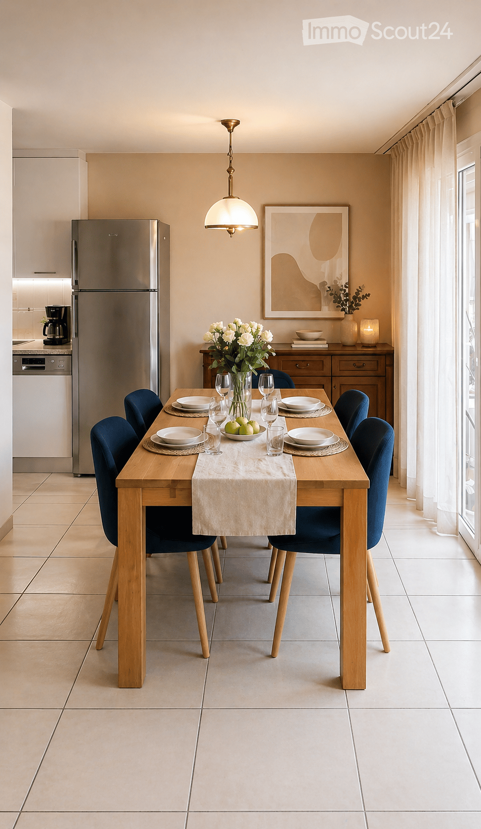 A modern dining area with a wooden dining table set for six, surrounded by blue chairs. The table is set with plates, glasses, and a vase of white flowers. A refrigerator, dishwasher, and coffee maker are visible in the adjacent kitchen area. A picture fr