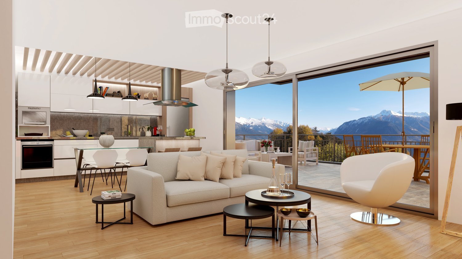 Modern open-plan living and dining area with a sofa, coffee table, dining table, and kitchen island. Large windows offer a scenic mountain view.